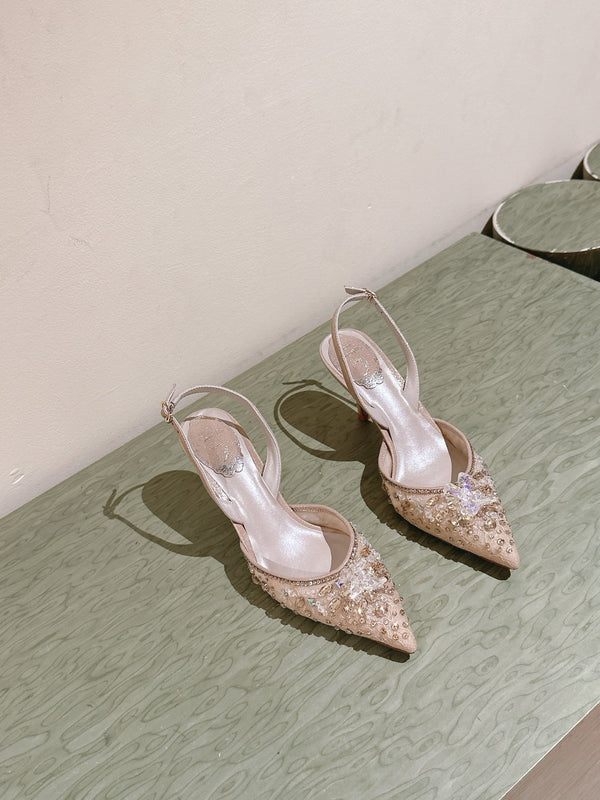 RC 25C Slingback Diamond High Heel 7.5cm Beige Silk Rhinestones 268079