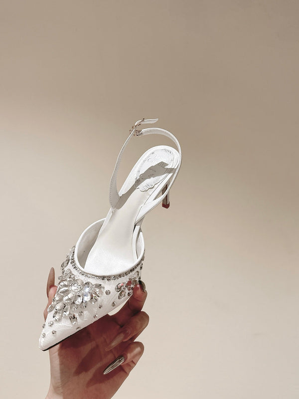 RC 25C Slingback Crystal High Heel 7.5cm White Silk Rhinestones 268080