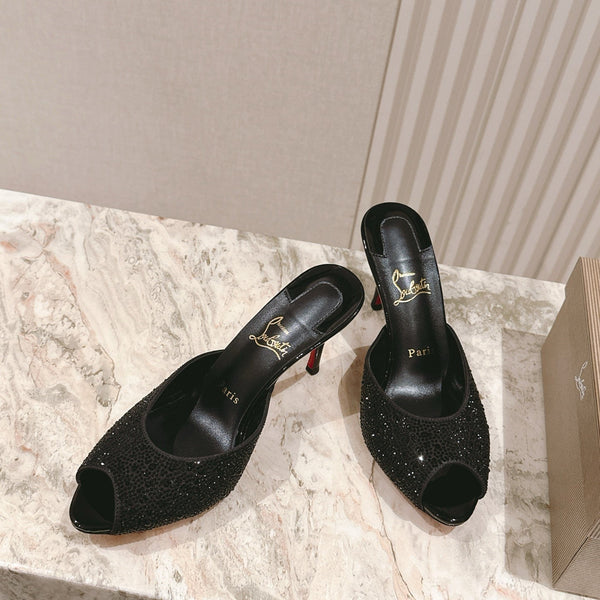 CL 25s Me Dolly Sandal Mule Heel Pump 85mm Black Sheepskin 446686