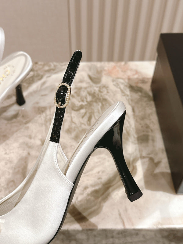 CC 25ss Bow Tie Slingbacks 85mm White Satin & Patent Leather 447412