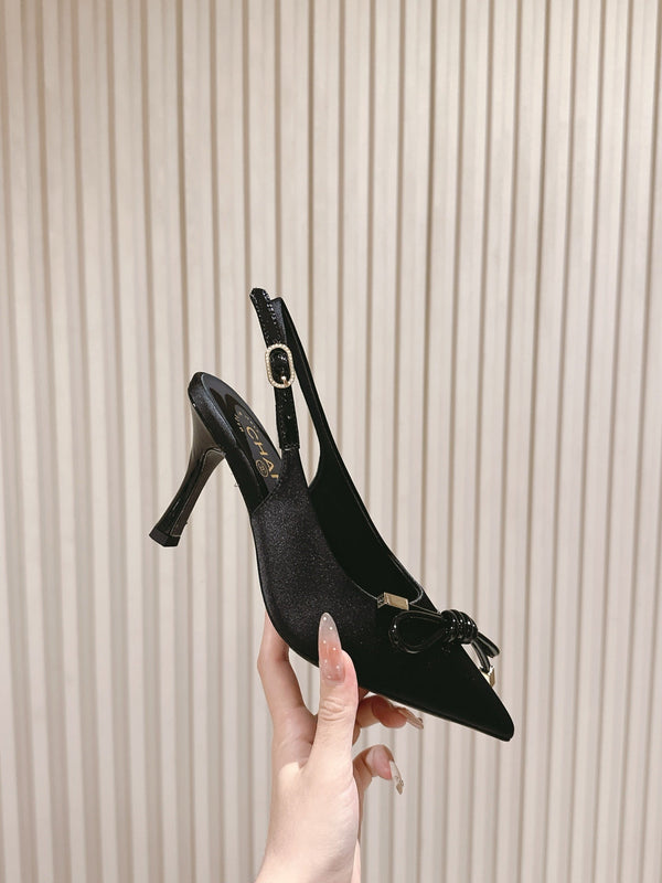 CC 25ss Bow Tie Slingbacks 85mm Black Satin & Patent Leather 447414