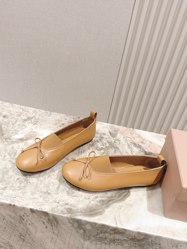 Miu Élan Bow-Detail Ballet Flat Light Brown Cowhide 445802