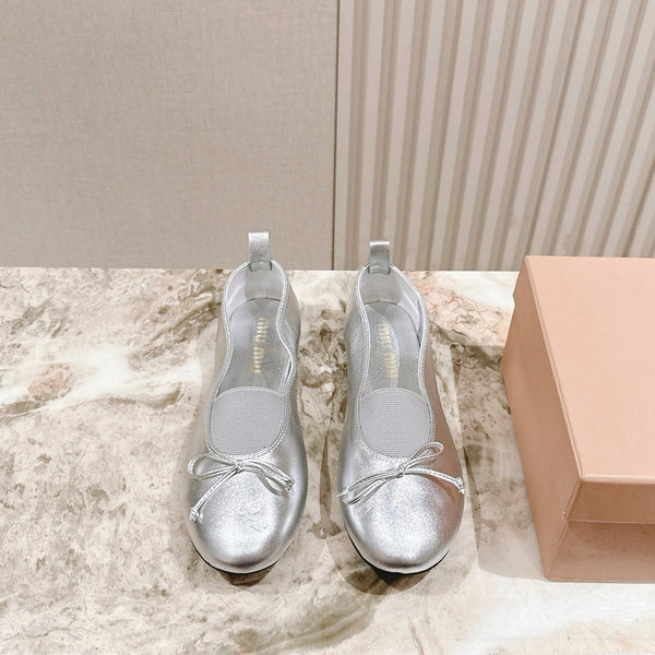 Miu Élan Bow-Detail Ballet Flat Sliver Metallic Leather 445803
