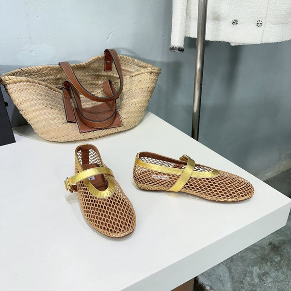 Alaia 25 Laminated Fishnet Ballet Flats Gold Lambskin 576441