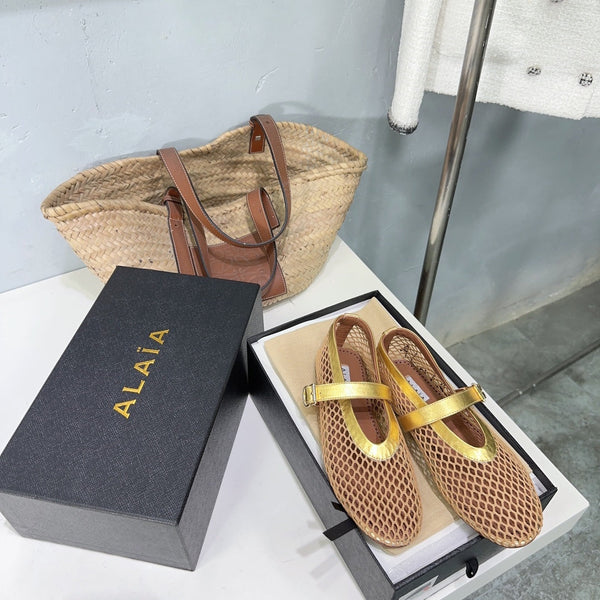 Alaia 25 Laminated Fishnet Ballet Flats Gold Lambskin 576441