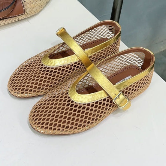 Alaia 25 Laminated Fishnet Ballet Flats Gold Lambskin 576441