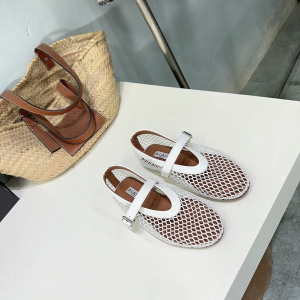 Alaia 25 Laminated Fishnet Ballet Flats White Lambskin 576442