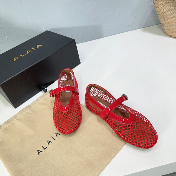 Alaia 25 Laminated Fishnet Ballet Flats Red Lambskin 576443