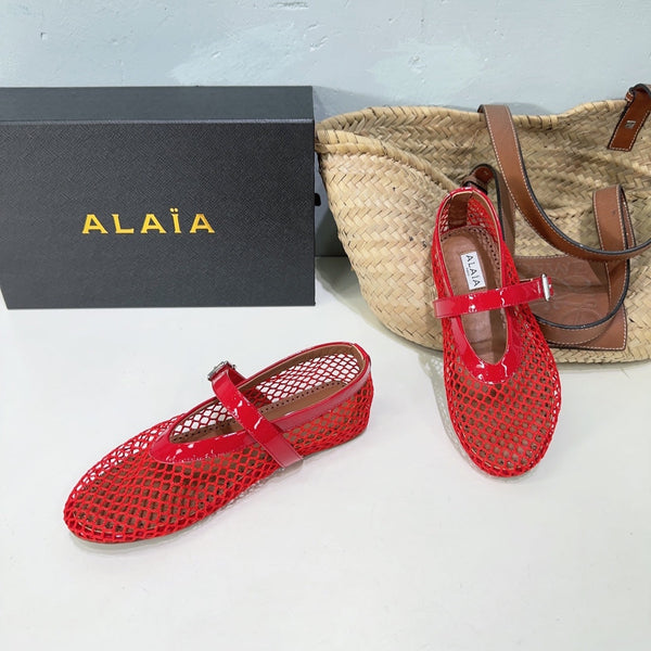Alaia 25 Laminated Fishnet Ballet Flats Red Lambskin 576443