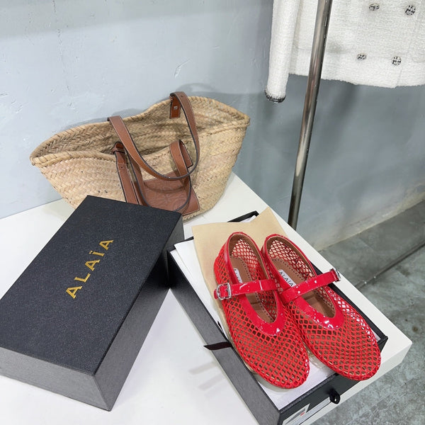 Alaia 25 Laminated Fishnet Ballet Flats Red Lambskin 576443