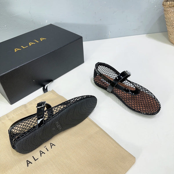 Alaia 25 Laminated Fishnet Ballet Flats Black Lambskin 576444