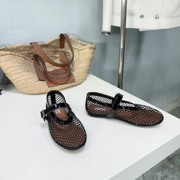 Alaia 25 Laminated Fishnet Ballet Flats Black Lambskin 576444