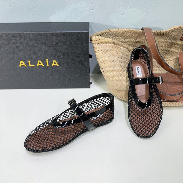 Alaia 25 Laminated Fishnet Ballet Flats Black Lambskin 576444