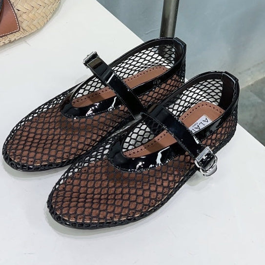 Alaia 25 Laminated Fishnet Ballet Flats Black Lambskin 576444