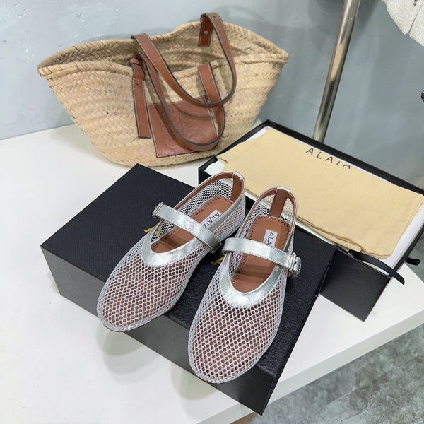 Alaia 25 Laminated Fishnet Ballet Flats Silver Lambskin 677174