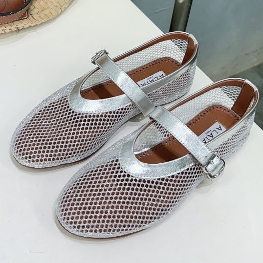 Alaia 25 Laminated Fishnet Ballet Flats Silver Lambskin 677174