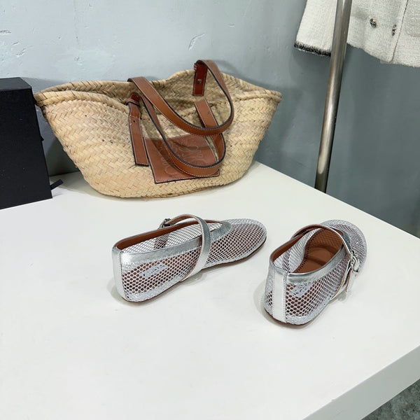 Alaia 25 Laminated Fishnet Ballet Flats Silver Lambskin 677174