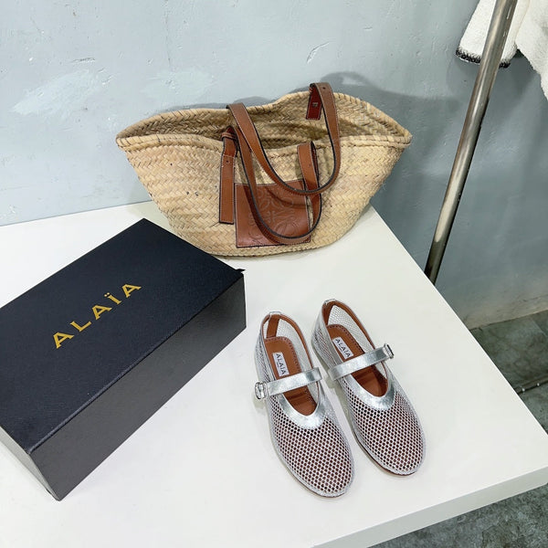 Alaia 25 Laminated Fishnet Ballet Flats Silver Lambskin 677174