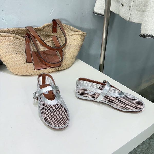 Alaia 25 Laminated Fishnet Ballet Flats Silver Lambskin 677174