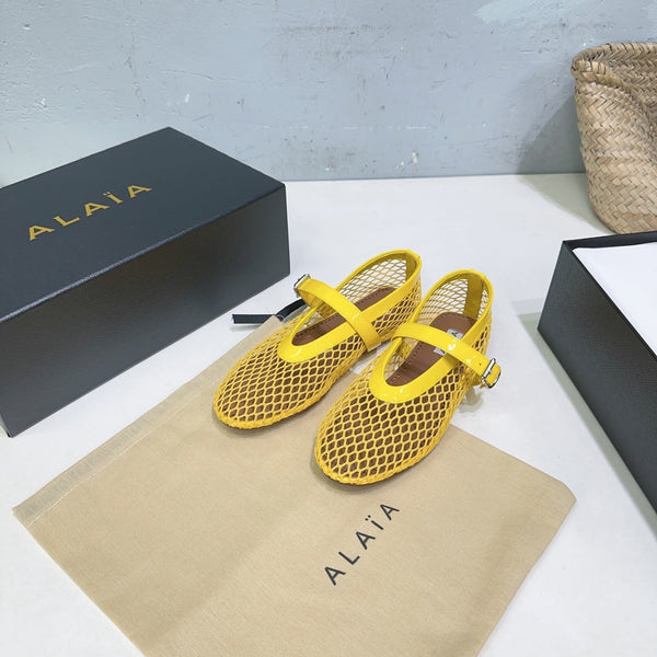 Alaia 25 Laminated Fishnet Ballet Flats Yellow Lambskin 300470