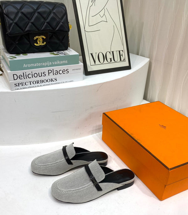 IENA MULE TELA GRIGIA E PELLE DI VITELLO NERA