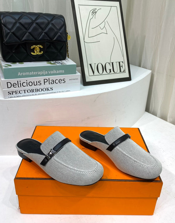 IENA MULE TELA GRIGIA E PELLE DI VITELLO NERA