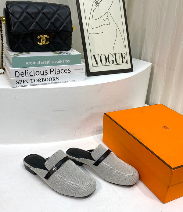 IENA MULE TELA GRIGIA E PELLE DI VITELLO NERA