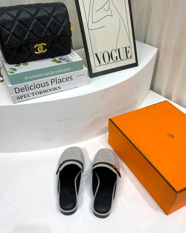 IENA MULE TELA GRIGIA E PELLE DI VITELLO NERA