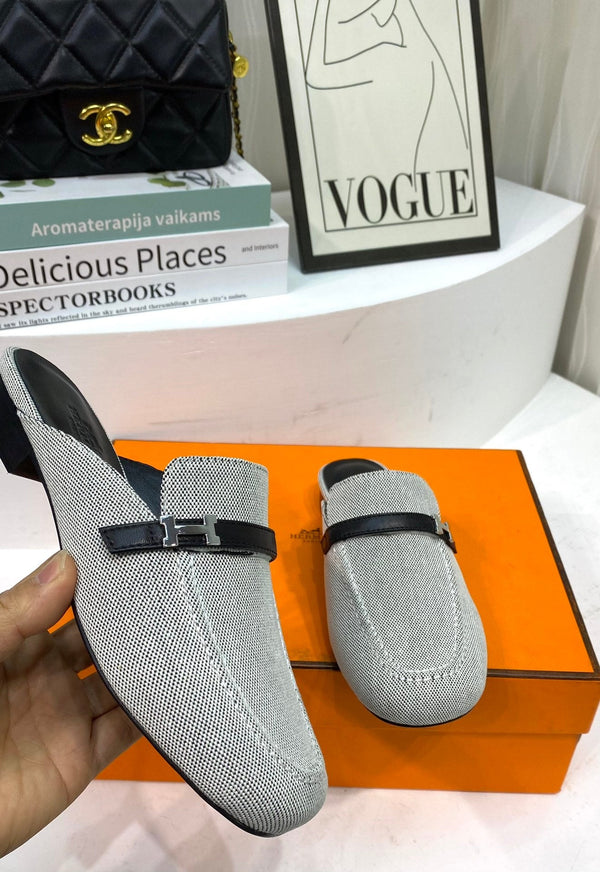 IENA MULE TELA GRIGIA E PELLE DI VITELLO NERA