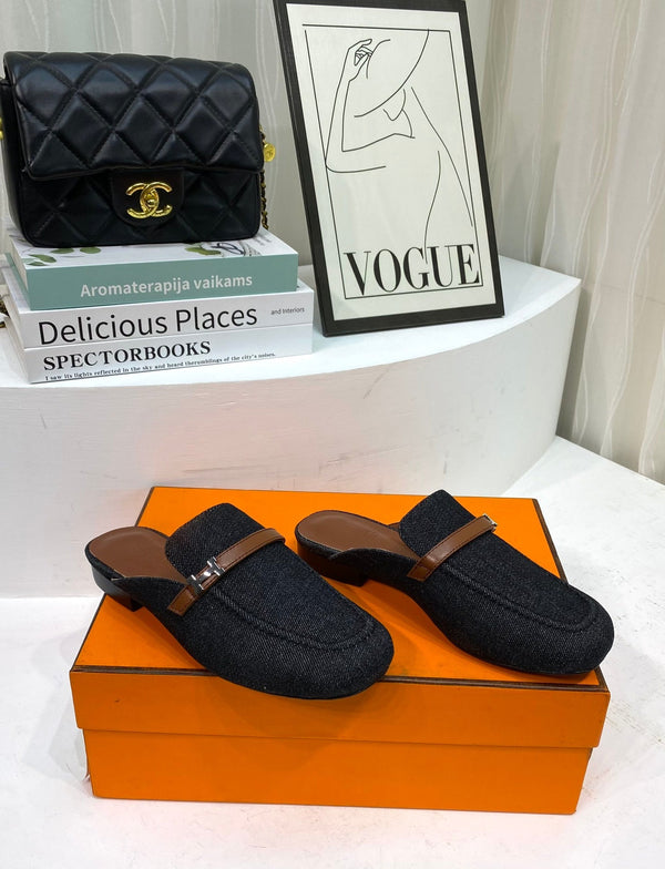 IENA MULE BLACK CANVAS AND BROWN CALFSKIN