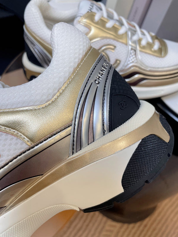 cc classic sneaker tessuto bianco pelle di vitello metallizzata oro