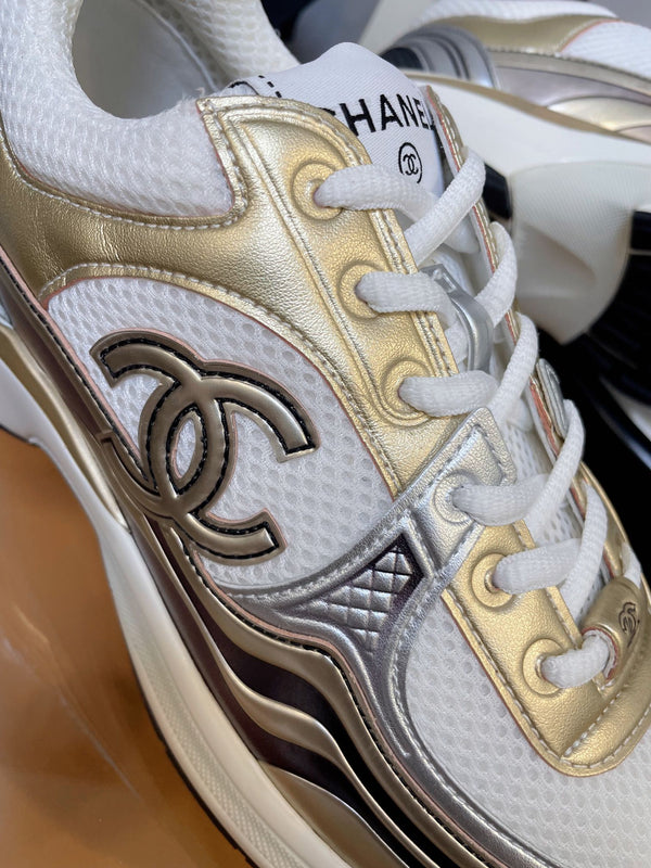 cc classic sneaker tessuto bianco pelle di vitello metallizzata oro