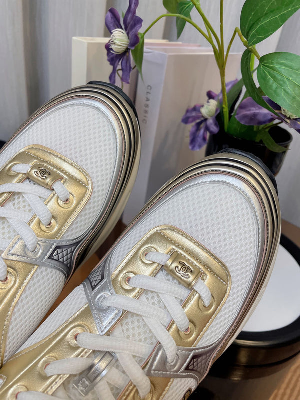 cc classic sneaker tessuto bianco pelle di vitello metallizzata oro