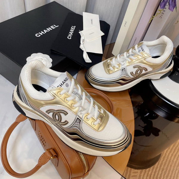 cc classic sneaker tessuto bianco pelle di vitello metallizzata oro