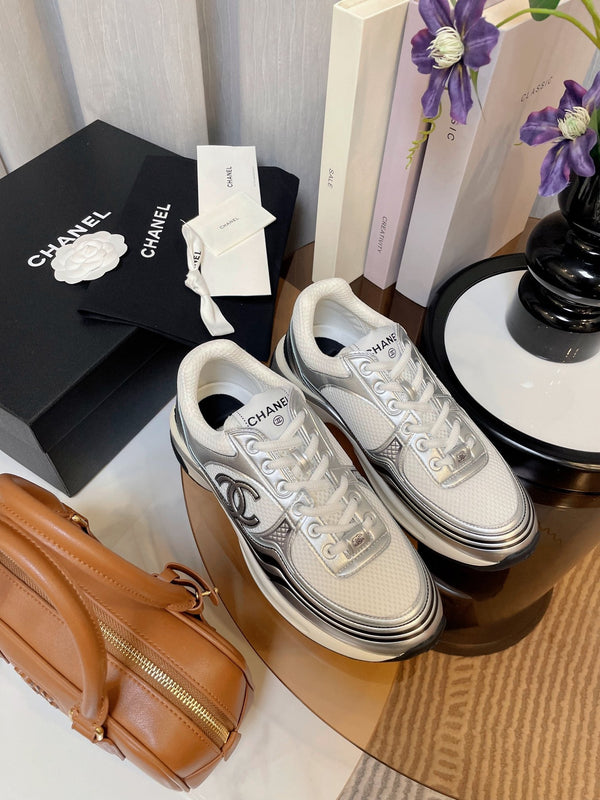 cc classic sneaker tessuto bianco pelle di vitello metallizzata argento