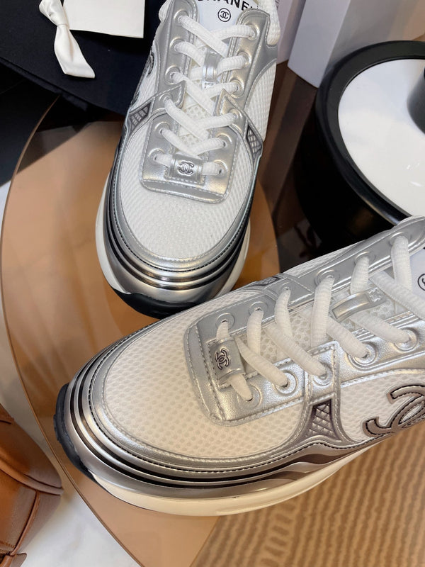 cc classic sneaker tessuto bianco pelle di vitello metallizzata argento