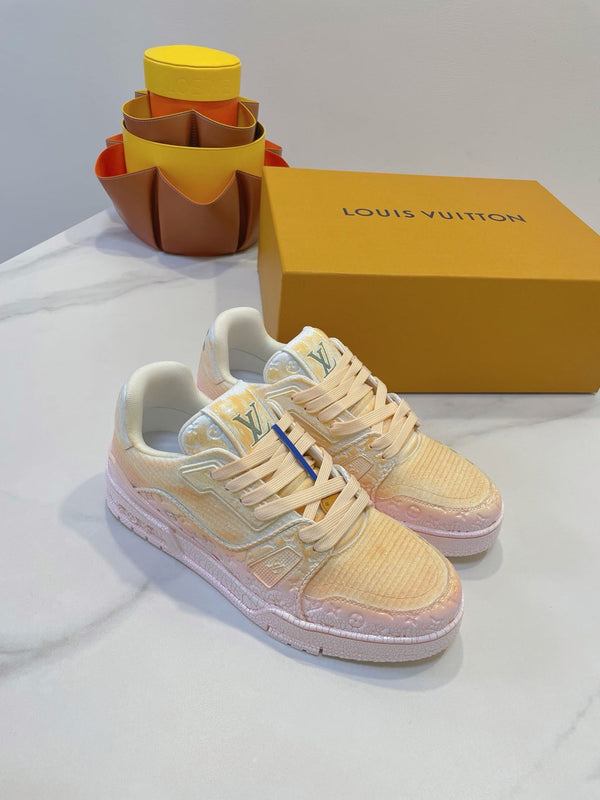 LV TRAINER MAXI SNEAKER IN LIGHT PINK OMBRE ORANGE EMBOSSED CALFSKIN