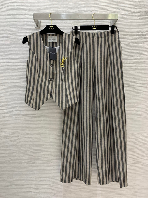 YSL Striped Two-piece Suit Beige mix Grey Linen