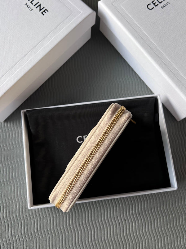 TRIOMPHE Compact Zipped Wallet Beige Cowhide Leather