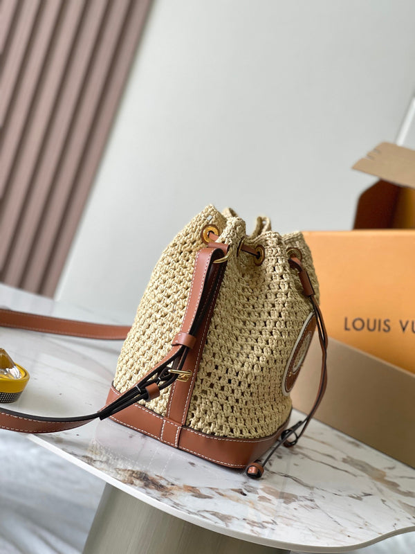 noe bb 22cm beige raffia tan calfskin