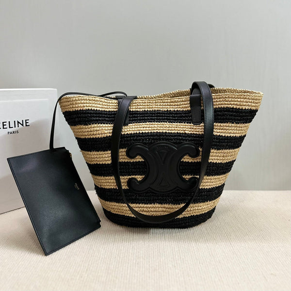 Celine Medium Supple Classic Panier 30cm Black Calfskin Beige Raffia