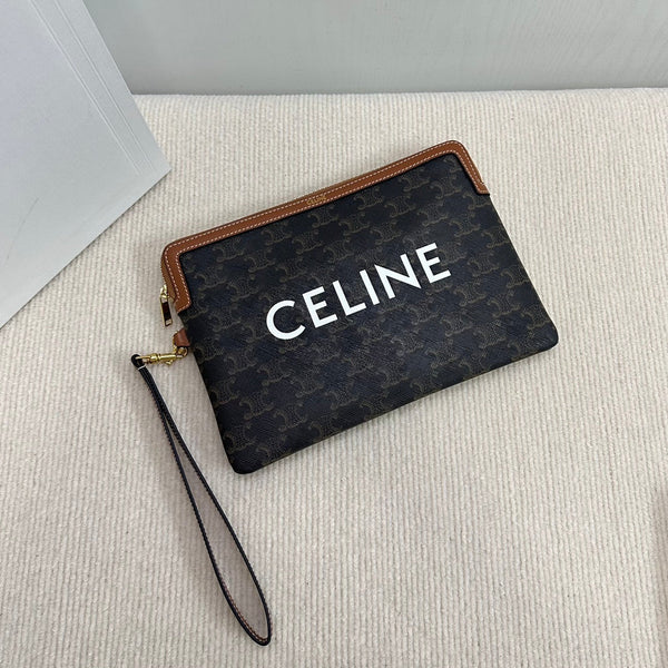 SMALL POUCH 25 IN BLACK TRIOMPHE CANVAS AND BROWN CALFSKIN WITH CELINE PRINT