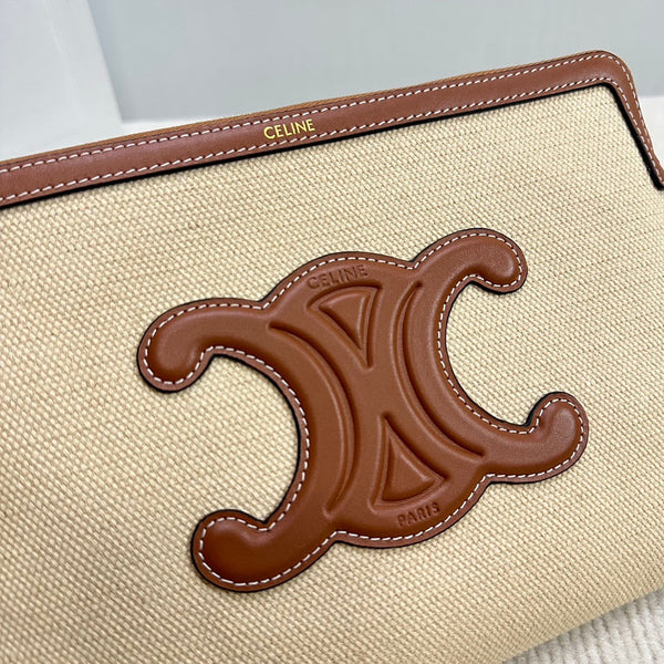 SMALL POUCH 25 IN BEIGE CANVAS AND BROWN CALFSKIN