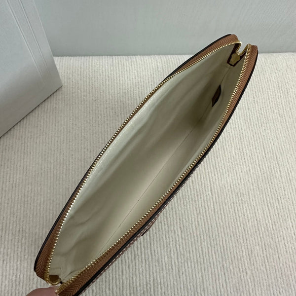 BORSA PICCOLA 25 IN TESSUTO TRIOMPHE BEIGE E PELLE DI VITELLO MARRONE