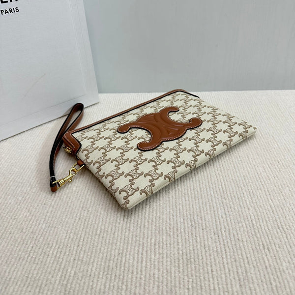 BORSA PICCOLA 25 IN TESSUTO TRIOMPHE BEIGE E PELLE DI VITELLO MARRONE