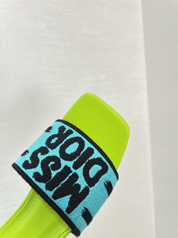 dway heeled slide 35 blue lime embroidered cotton