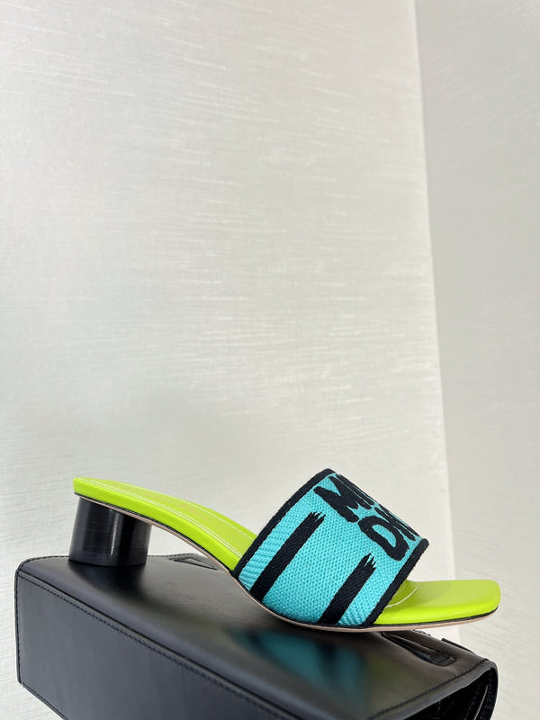 dway heeled slide 35 blue lime embroidered cotton