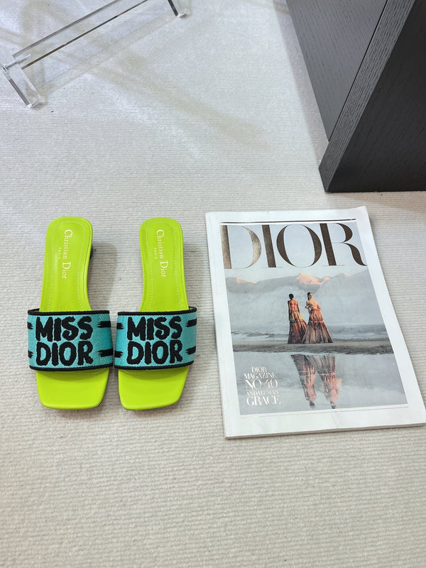 dway heeled slide 35 blue lime embroidered cotton