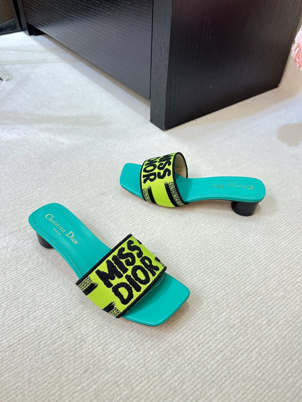 dway heeled slide 35 lime blue embroidered cotton