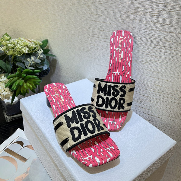 dway heeled slide 35 embroidered cotton red miss cd alllover motif